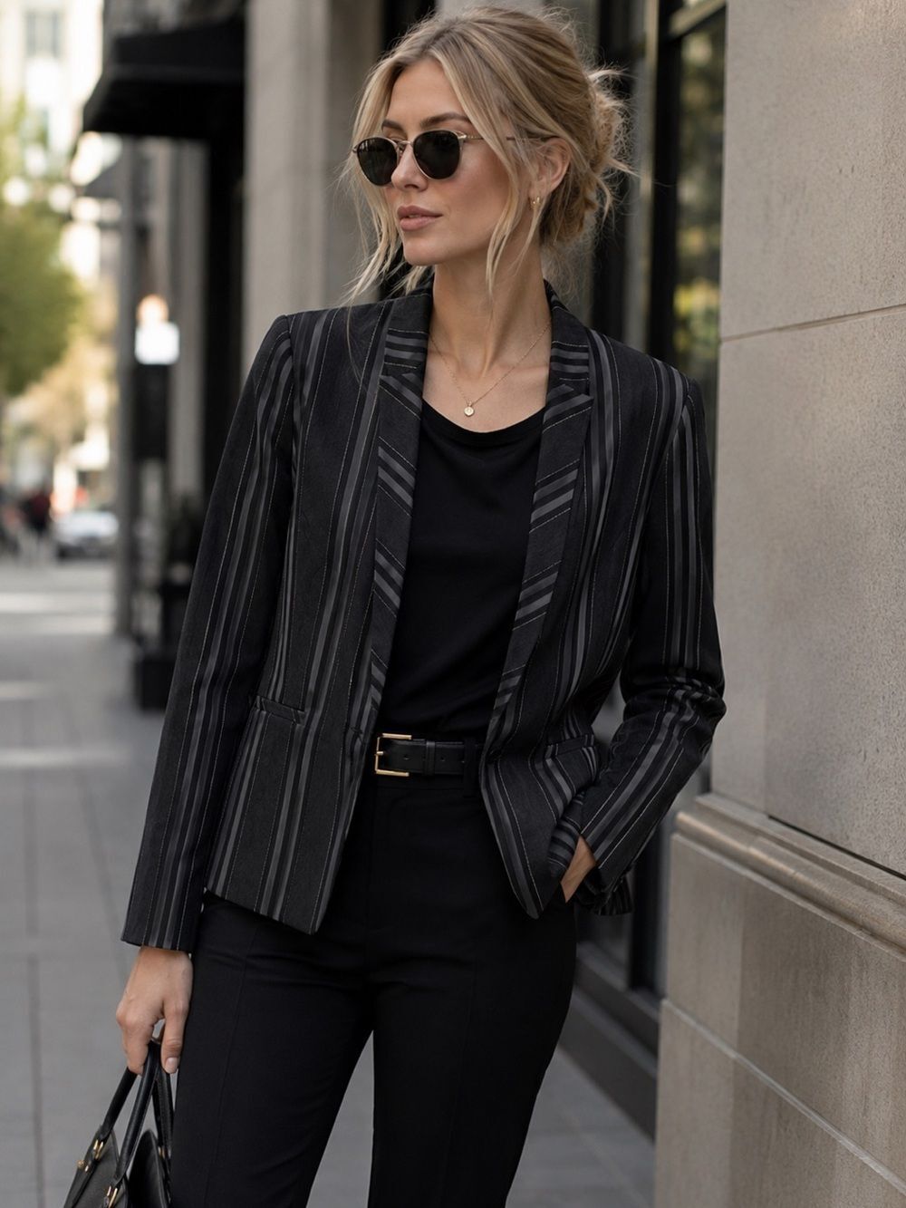 Anthropologie DREW Black Pinstripe Blazer with Subtle Stripes